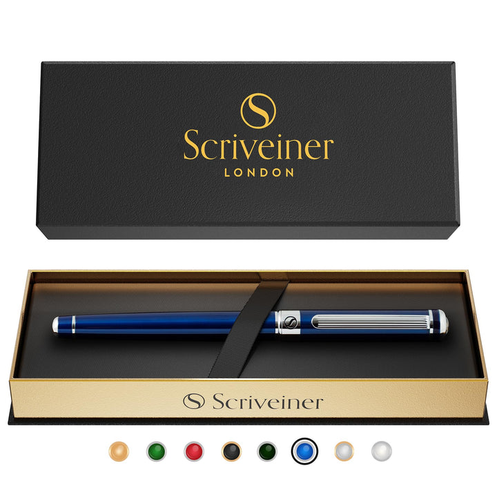 Scriveiner Kugelschreiber Midnight Blue - Hochwertiger Tintenroller mit Chromveredelung, schwarze Sc