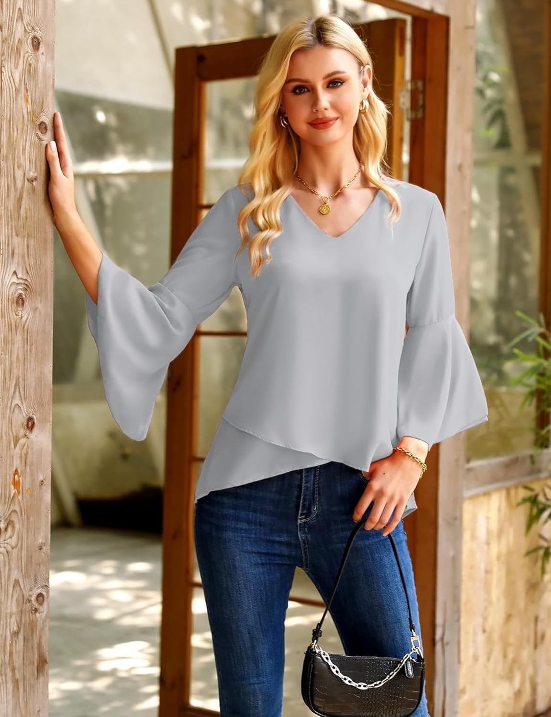 Gyabnw Damen Chiffon Bluse Volantärmeln Tunika 3/4 Arm Elegant Chiffontunika Festlich Chiffon Bluse