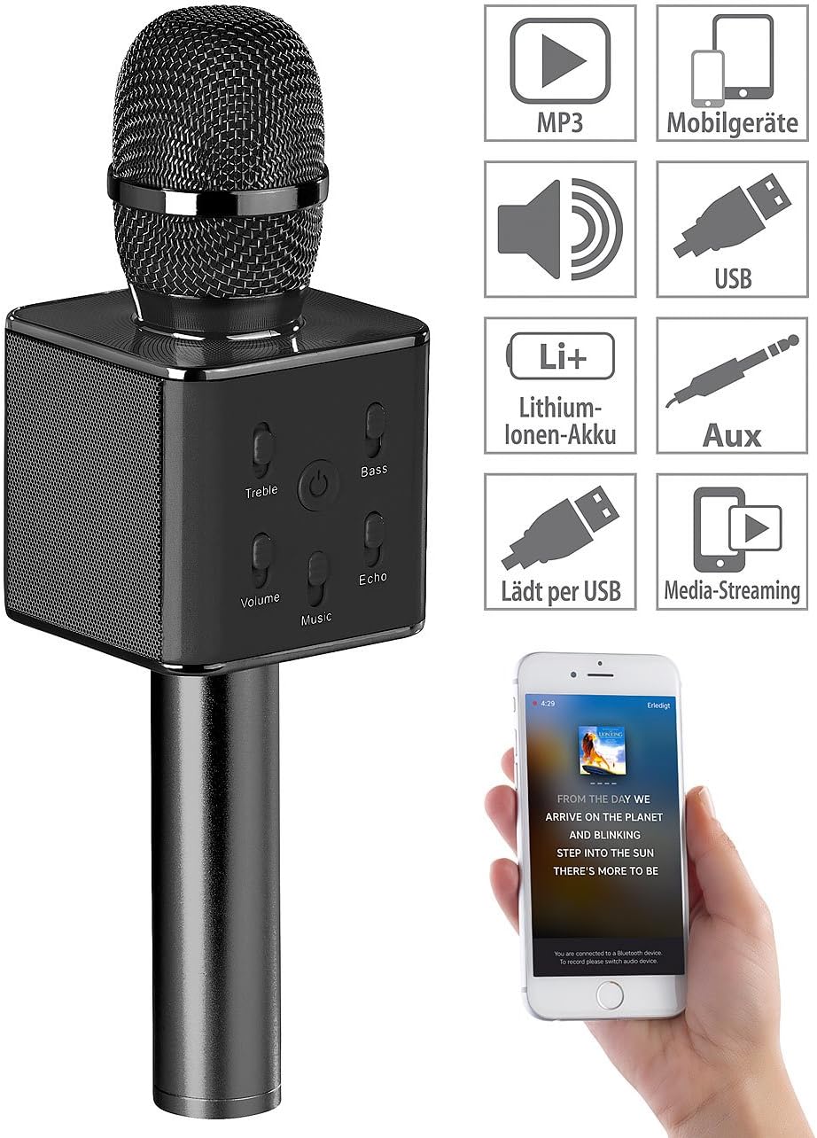 auvisio 2er-Set Karaoke-Mikrofon mit Bluetooth, MP3-Player, Lautsprecher, Akku