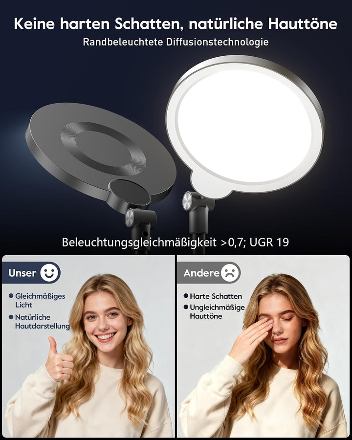 Ringlicht mit Stativ für Videokonferenzen, 3 Farbtemperaturen 10 Helligkeitsstufen Dimmbare, Schreib