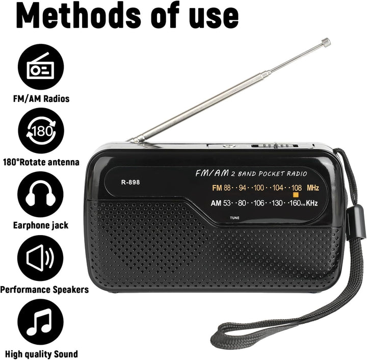 Tragbares Radio, Transistorradios am FM, tragbare Tasche, funktioniert mit 2 AA-Batterien, kleines T