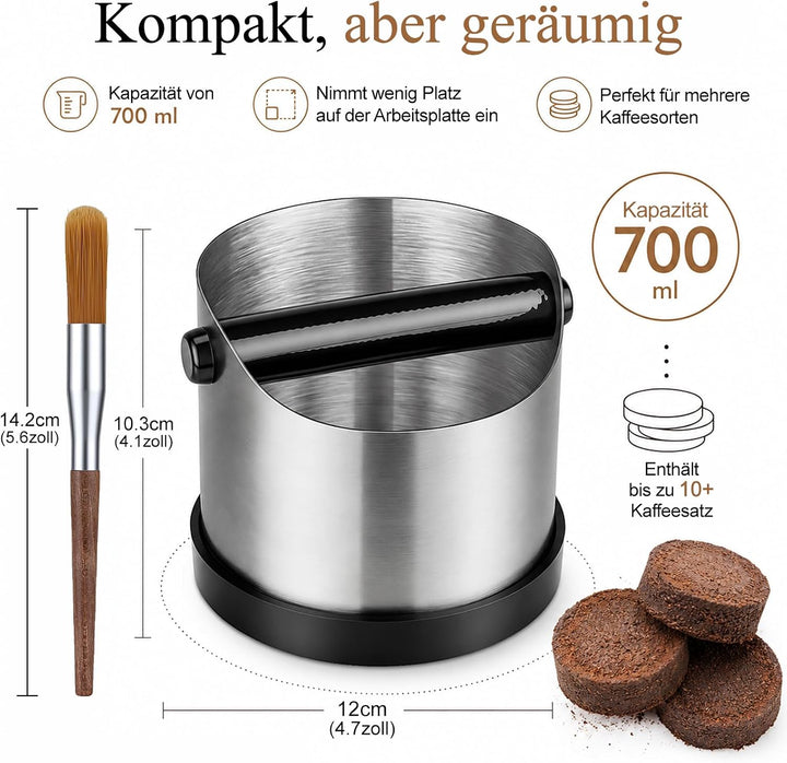 Abklopfbehälter für Siebträger 700 ml Edelstahl, Knock Box Espresso mit abnehmbarer Metall-Klopfstan