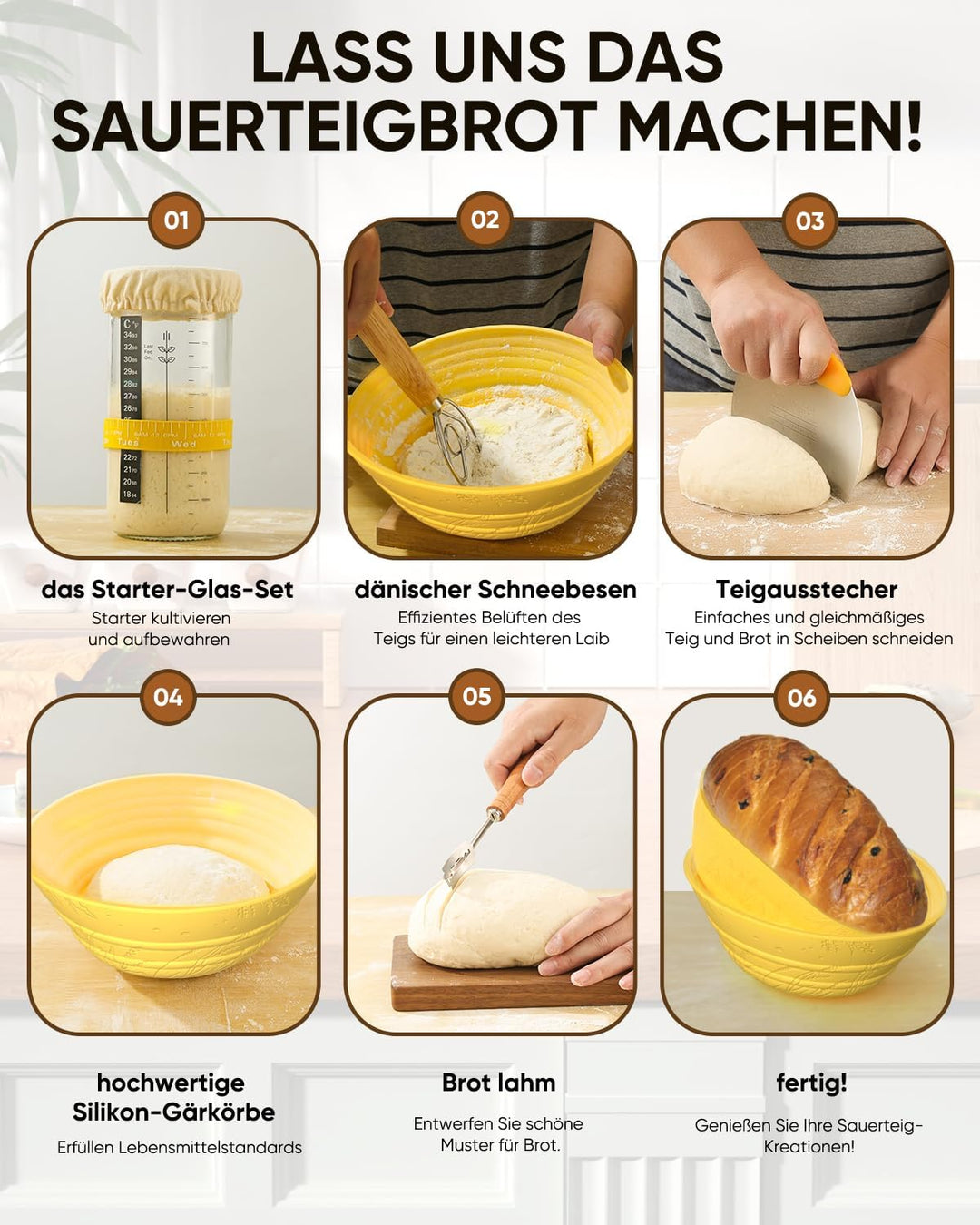Gärkörbchen - 2 Gärkorb Set aus Silikon Oval und Rund,32 OZ Sauerteig Starter Set Gelb, Gelb
