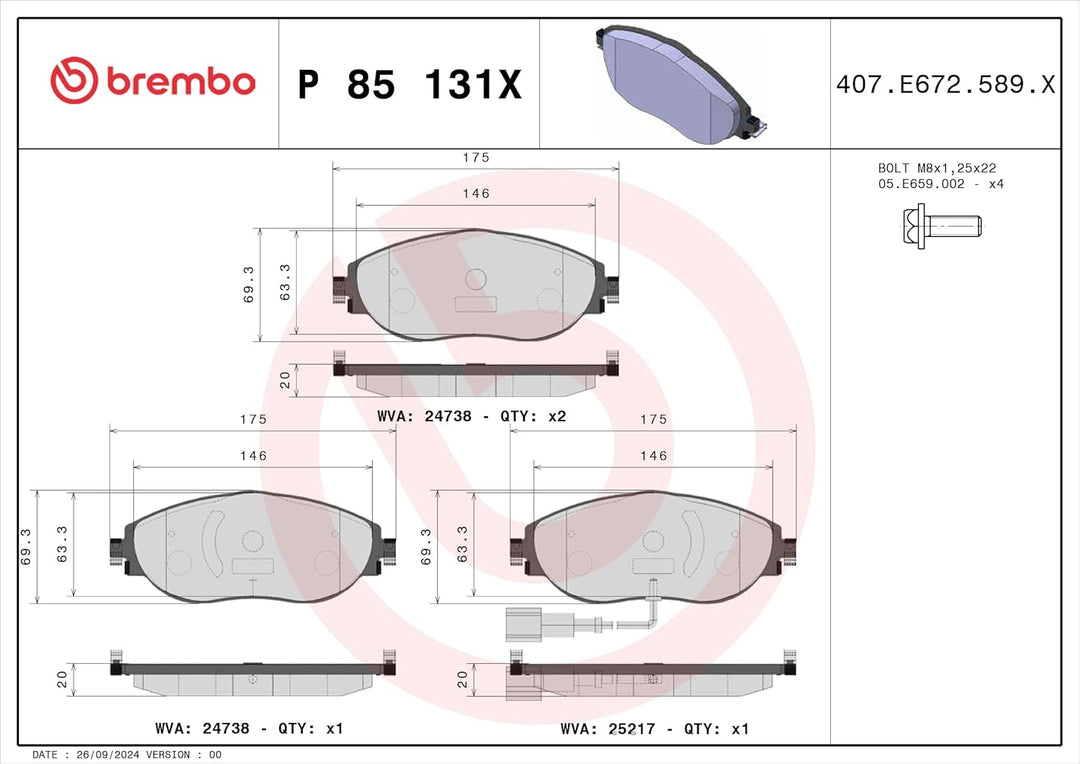 BREMBO Bremsbeläge Vorne (P 85 131X) passend für VW Passat B8 Golf VII CC T-Roc Cc B6 B
