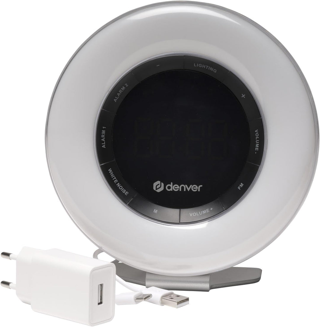 Denver CRL‑342 FM‑Radiowecker mit Lichtsimulation, Dual‑Alarm & USB‑C‑Ladefunktion