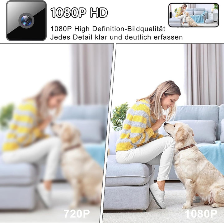 Mini Kamera, 2,4/5GHz WLAN-Überwachungskamera Innen, Bewegungsmelder,Nachtsicht SD/Cloud-Speicher/La