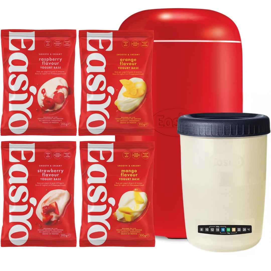 EasiYo Starter-Set mit rotem 1kg Joghurtbereiter | Inklusive 4 Beutel: Erdbeere, Himbeere, Mango &amp; O