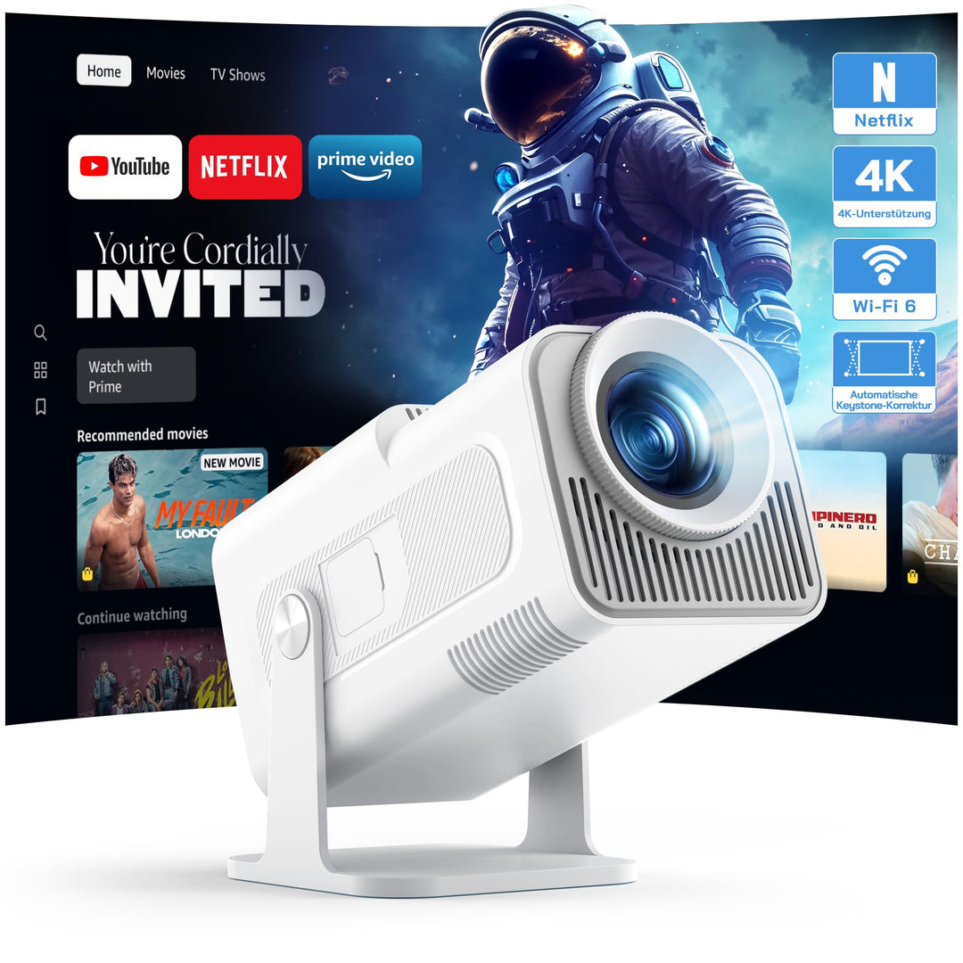 WOLFANG 4K Mini Beamer mit Offiziellem Netflix, 26000 Lumen WiFi 6 Smart Projektor mit 50% Zoom & Tr