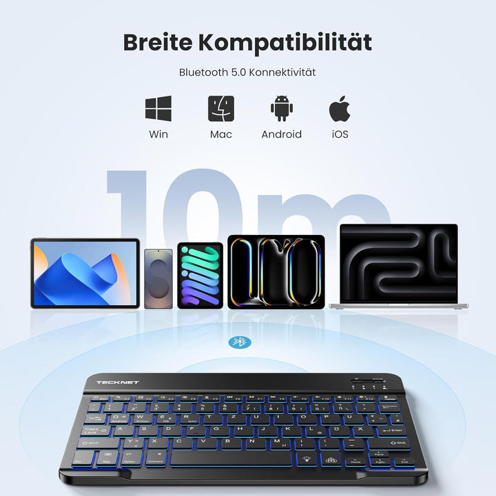 TECKNET Deutsche Bluetooth Tastatur für Tablet/iPad Mini/Pro/Air/10.2/10.9/iPhone/Android/Windows, i