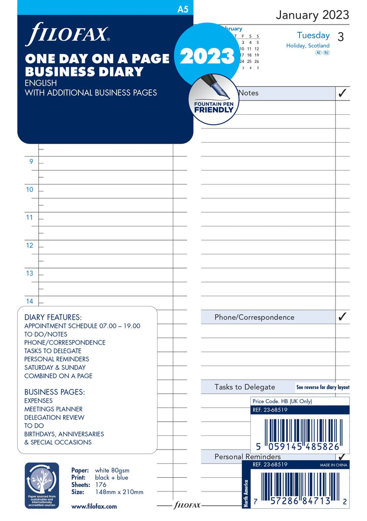 Filofax A5 ENGLISH DAY/PAGE BUSINESS/APPTS 2023, 23-68519, White
