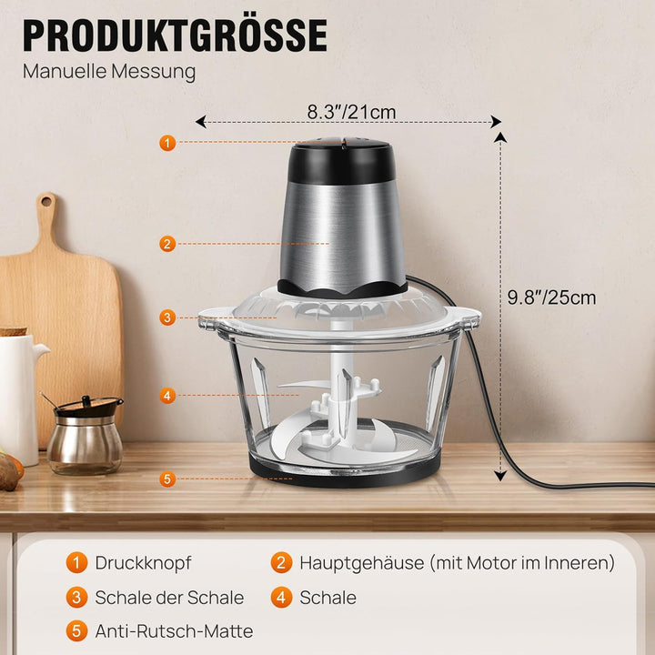 Zerkleinerer 300 Watt mit 2 L Glasbehälter, Elektrischer Multizerkleinerer, Leistungsstarker Univers