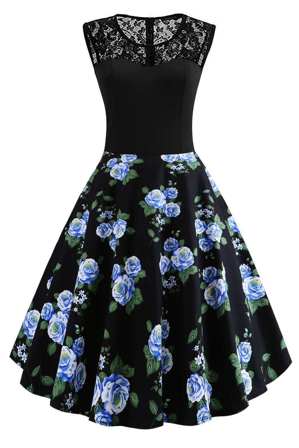 AXOE Damen 50er Jahre Rockabilly Kleid mit Blumenmuster Ärmellos S Farbe12, S Farbe12