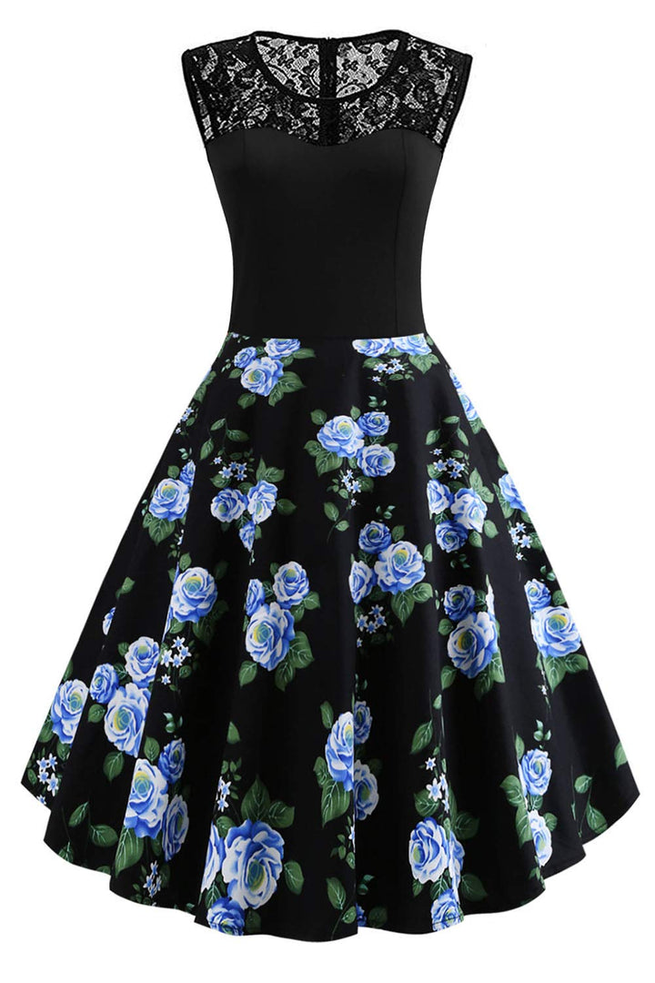 AXOE Damen 50er Jahre Rockabilly Kleid mit Blumenmuster Ärmellos S Farbe12, S Farbe12