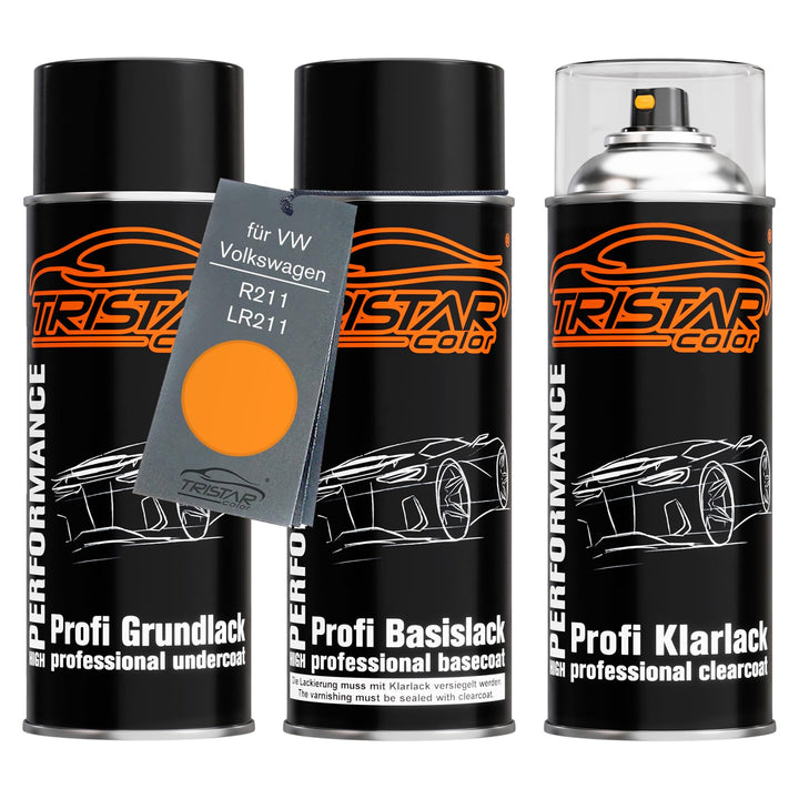 Autolack Spraydosen Set für VW/Volkswagen R211 / LR211 Orange Grundlack Basislack Klarlack Sprühdose