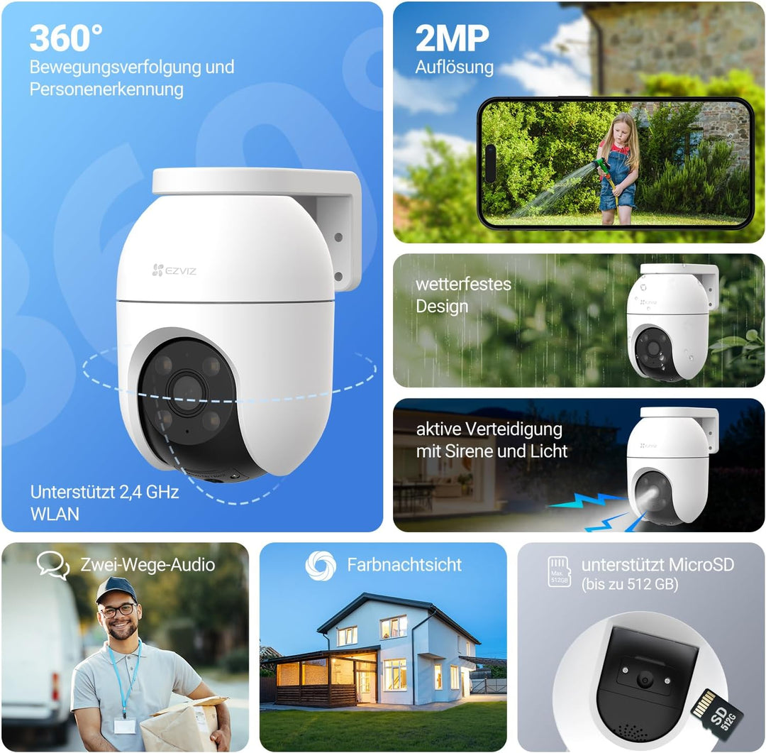 EZVIZ 2MP Überwachungskamera Aussen, WLAN IP Kamera mit 360° Abdeckung und Zwei-Wege-Audio, Personen