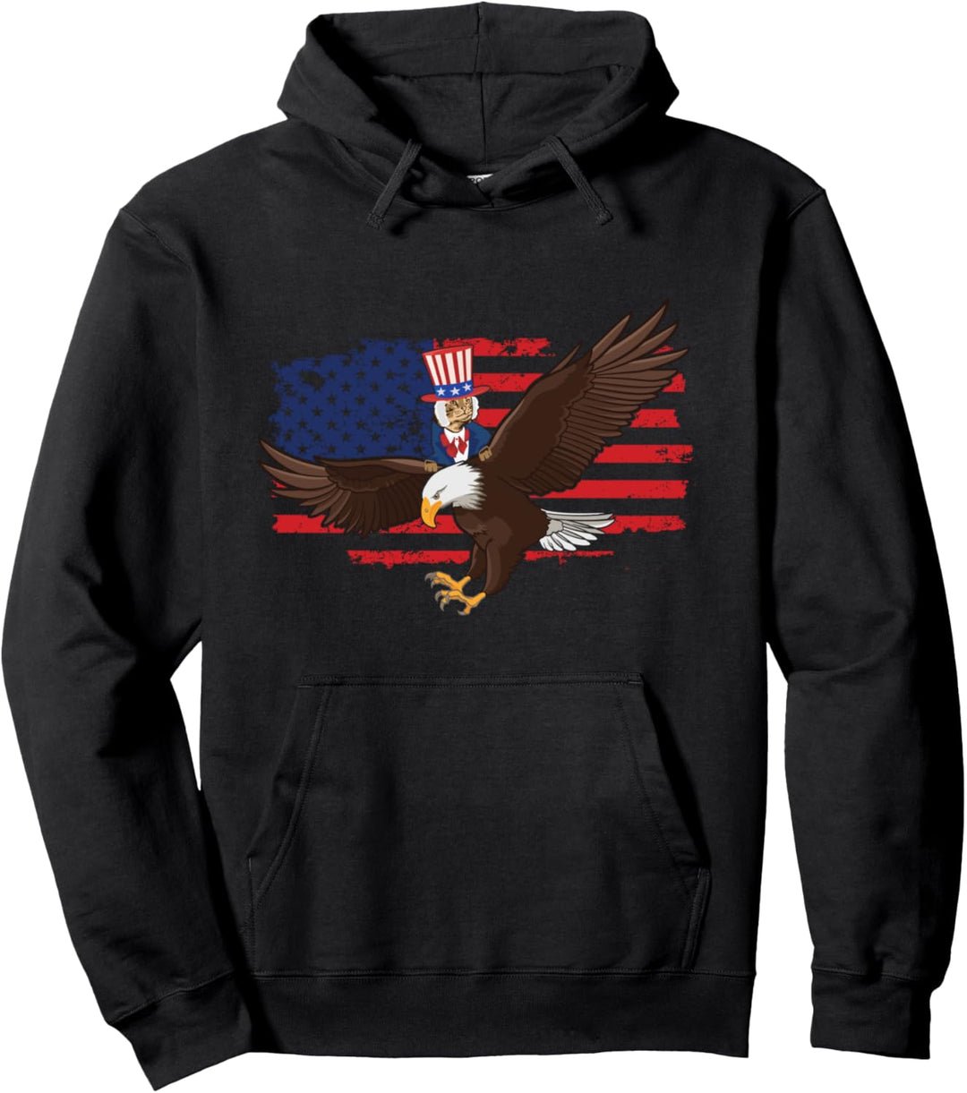 American Flag Fourth of July Bald Eagle Cat Pullover Hoodie