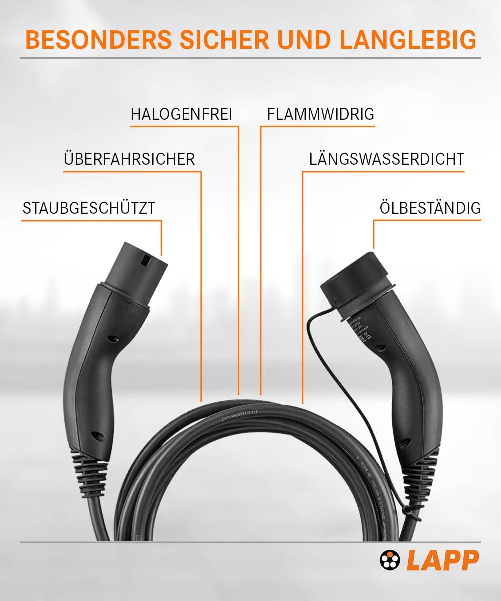 Lapp Mobility Typ 2 Ladekabel 11 KW/Glatt / 20 A / 3-Phasig/E-Auto Ladekabel/Mode 3 / 5m 5 Meter Sch
