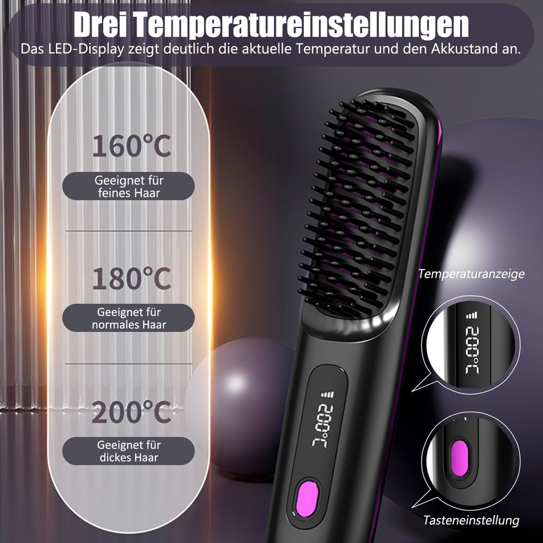 Kabellose Haarglätterbürste, Glättbürste Stylingbürste mit Keramik Borsten für Frauen, Wiederaufladb