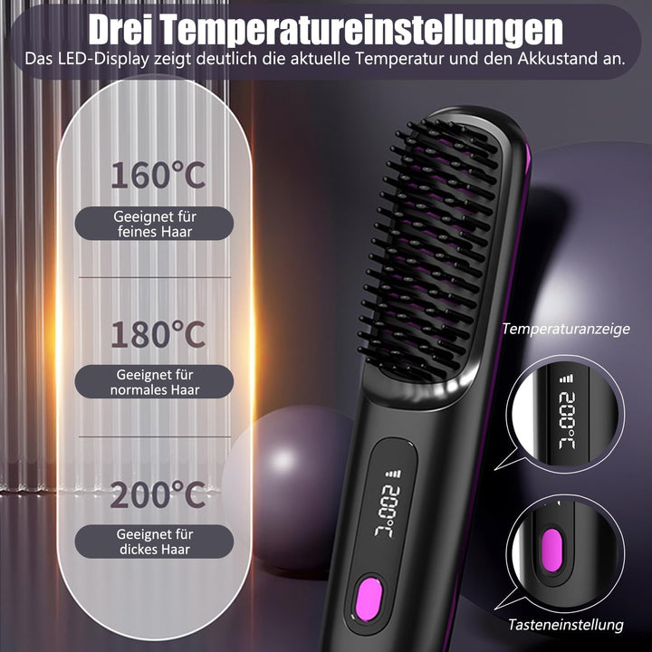 Kabellose Haarglätterbürste, Glättbürste Stylingbürste mit Keramik Borsten für Frauen, Wiederaufladb