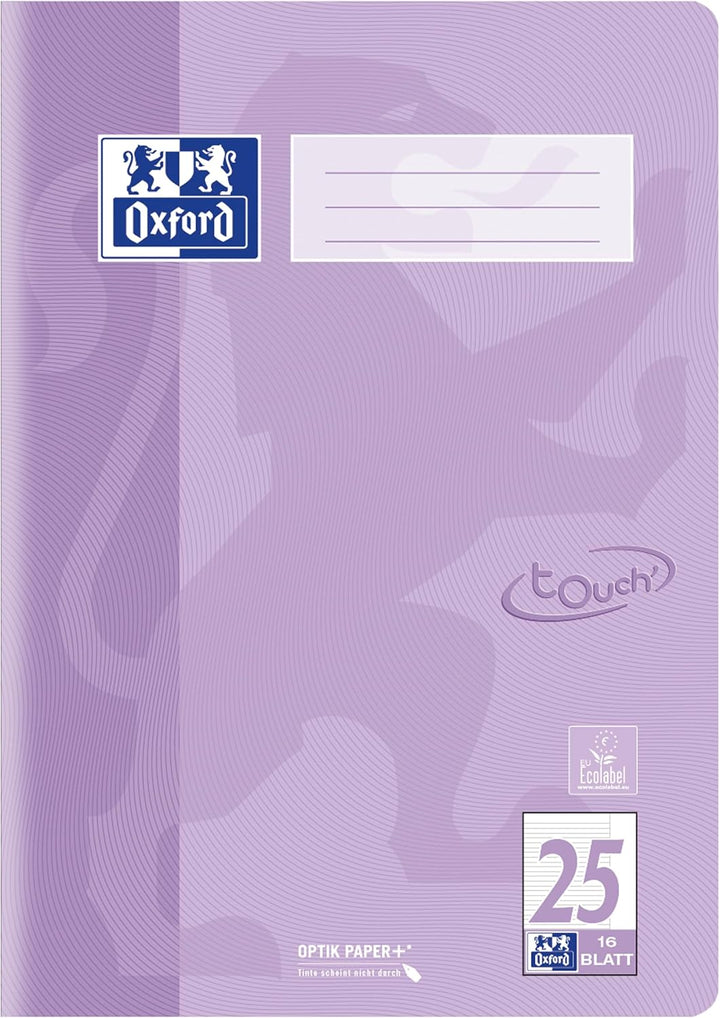 Oxford Schulheft A4 Touch, 16 Blatt, Lineatur 25, liniert, pastell flieder, 15 Stück, Lineatur 25
