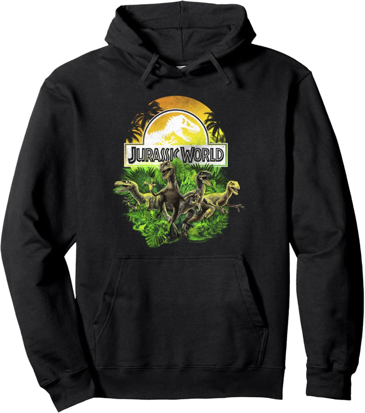Jurassic World Raptor Group Shot Title Logo Pullover Hoodie