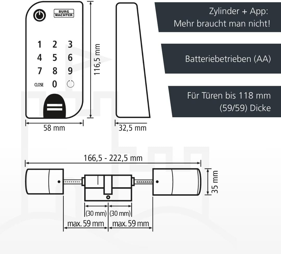 BURG-WÄCHTER Elektronisches Türschloss, Zylinder und Keypad, Öffnung mit App, Fingerprint, Pincode o