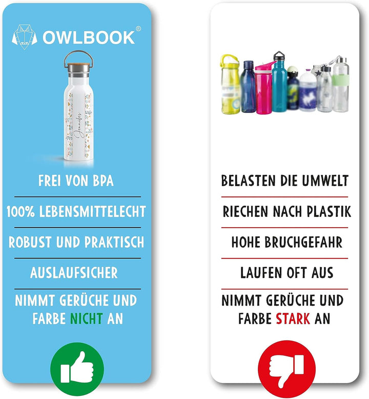 OWLBOOK Blumen Elegante Schrift Trinkflasche personalisiert Erwachsene Frauen Edelstahl 600ml - Ther