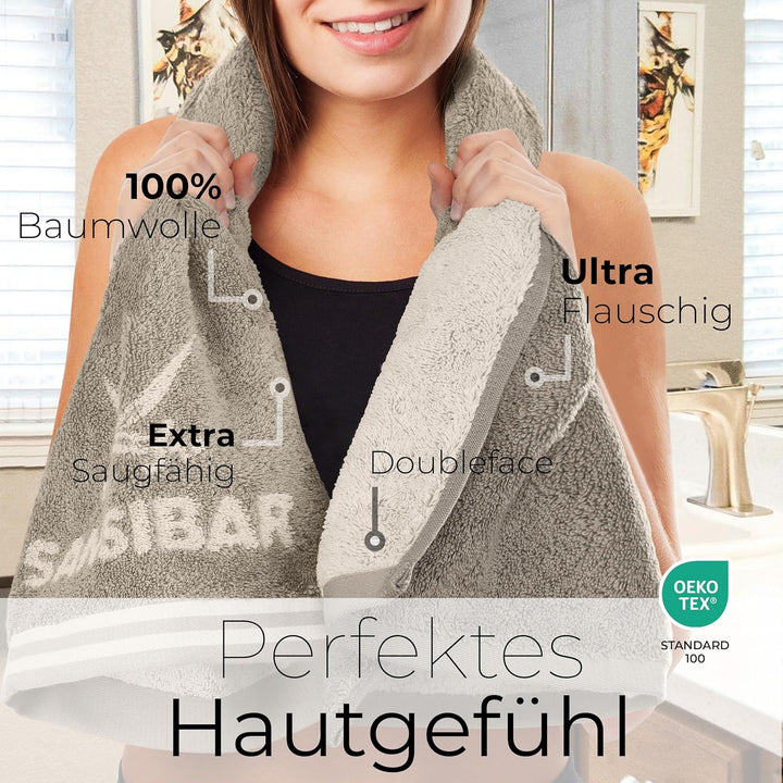 Sansibar Handtuch 2er Set 50x100 cm 100% Baumwolle Doubleface Frottiertuch gestreifte Borde Zweifarb