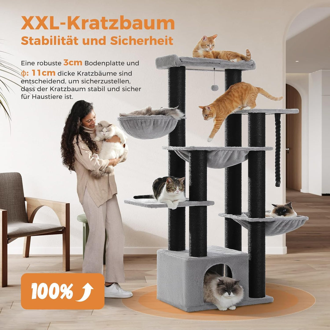 PAWZ Road Kratzbaum Grosse Katzen stabil mit Mehreren Ebenen, Hängematte, 13 Sisalpfosten(φ11cm), Gr