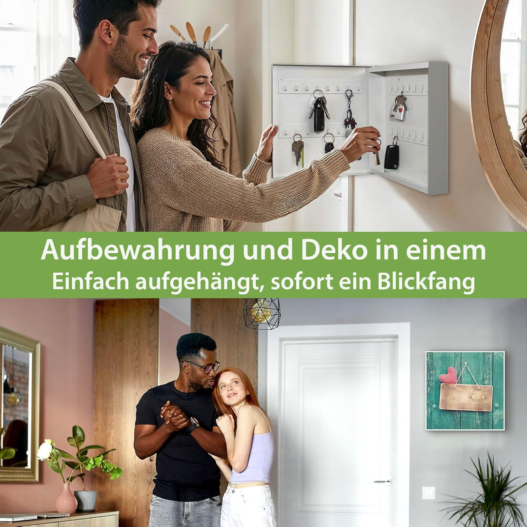 banjado® Grosser Schlüsselkasten Glas/Schlüsselbox 30cm x 30cm mit 50 Haken - Motiv Tür mit Herz/Sch