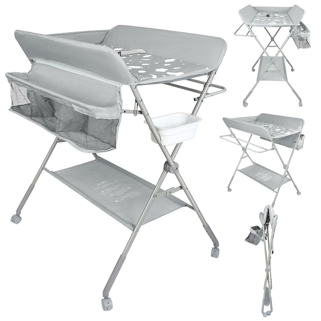 OHMG Baby Wickelkombi Klappbare Wickelkommode,Wickeltisch mit Rollen,Mobiler Wickeltisch mit Wickela