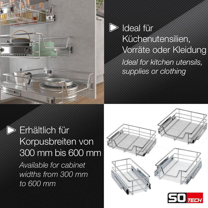 SOTECH 30 cm Teleskopschublade Vollauszug mit Kugelführung 25 Kg Tragkraft Chrom poliert Schublade D
