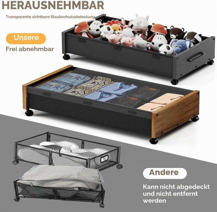 Unterbett-Aufbewahrung mit Rollen, Holz-Aufbewahrungsbehälter Extra Gross Unterbett-Schuh-Organizer,