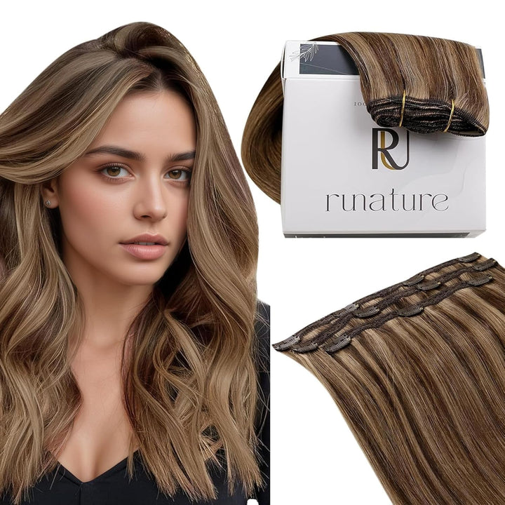 RUNATURE Clip in Extensions Echthaar Braun Highlight 35cm 3 Stück Clip Extensions Echthaar Günstig D