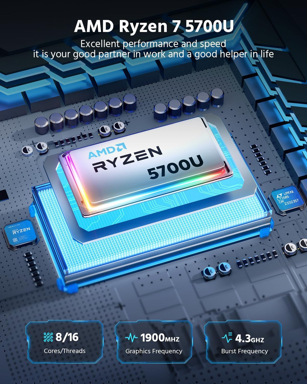 NiPoGi Mini PC, AMD Ryzen 7 5700U(Bis zu 4.3 GHz,8C/16T) 16GB DDR4 512GB SSD Micro Desktop Computer