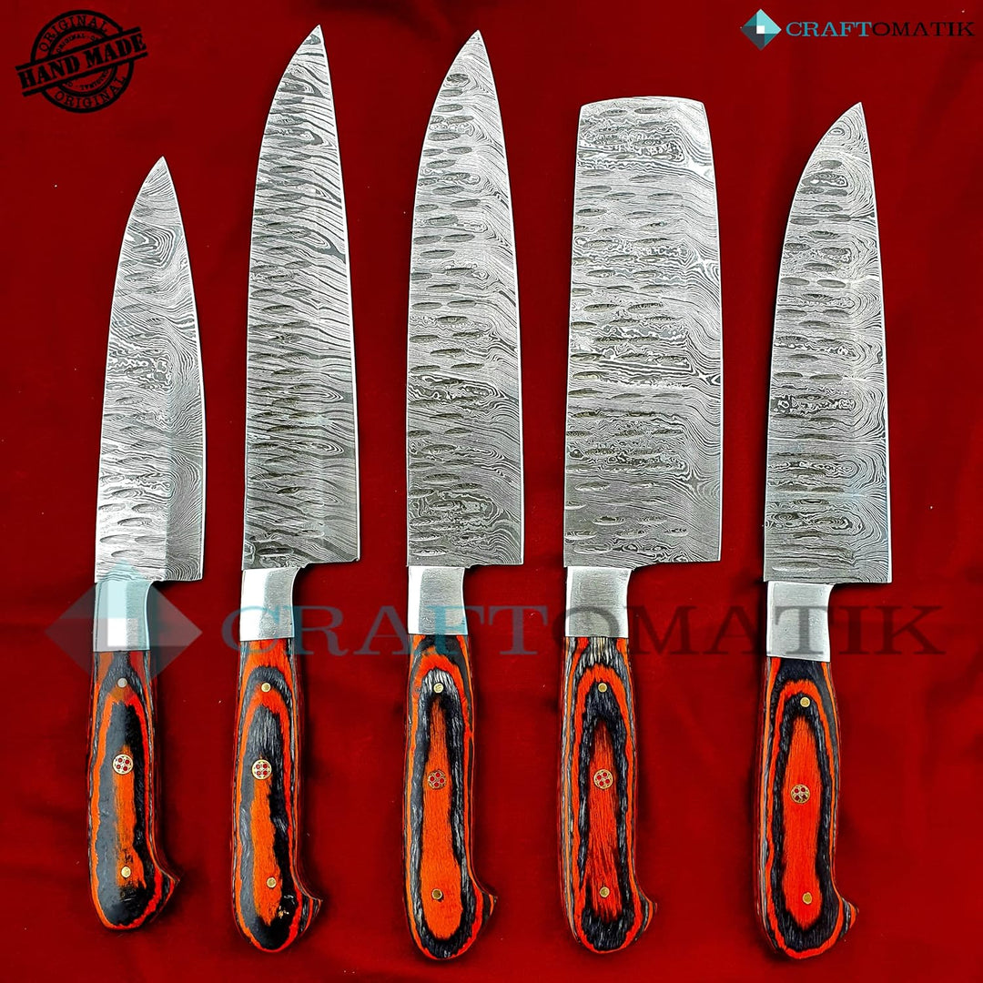 Damast Stahl Chef Set| Küchenmesser Set Camping Grill Besteck Geschenkset mit Ledermesserrolle | Koc