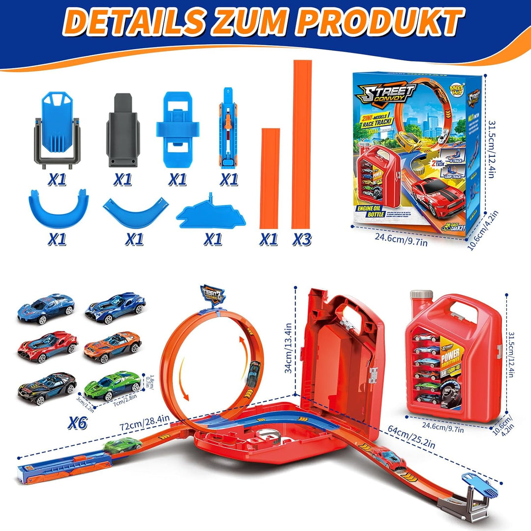 Charmofun Autorennbahn für Kinder, Rennstrecke Auto Spielzeug mit 6 Autos, Aufbewahrungsbox, Auto Re