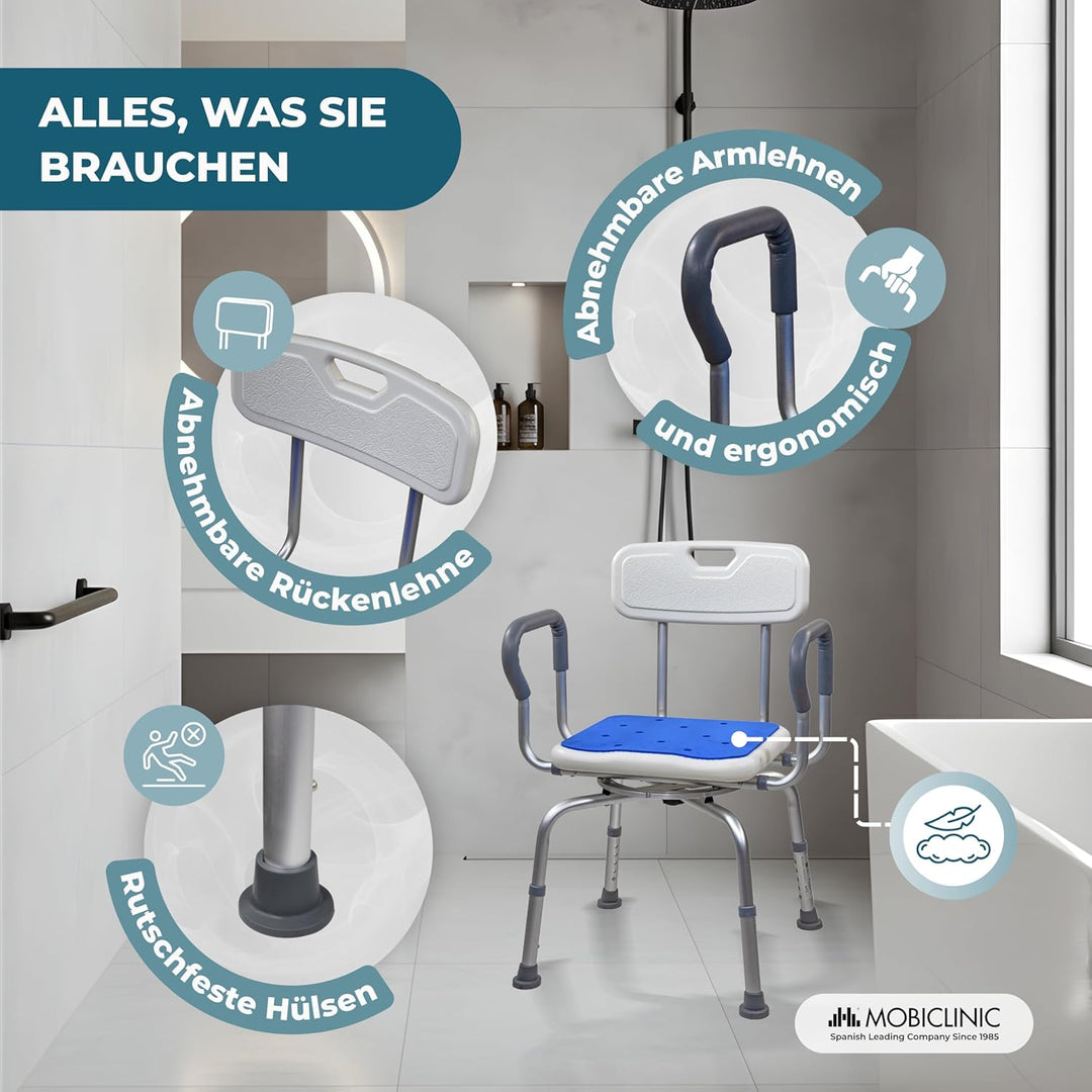Mobiclinic®, 360° Drehbarer Duschstuhl, Armlehnen und Rückenlehne, Höhenverstellbar, Sitzfläche mit