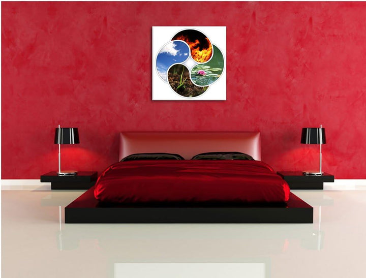 Die vier Elemente, Format: 70x70 auf Leinwand, XXL riesige Bilder fertig gerahmt mit Keilrahmen, Kun