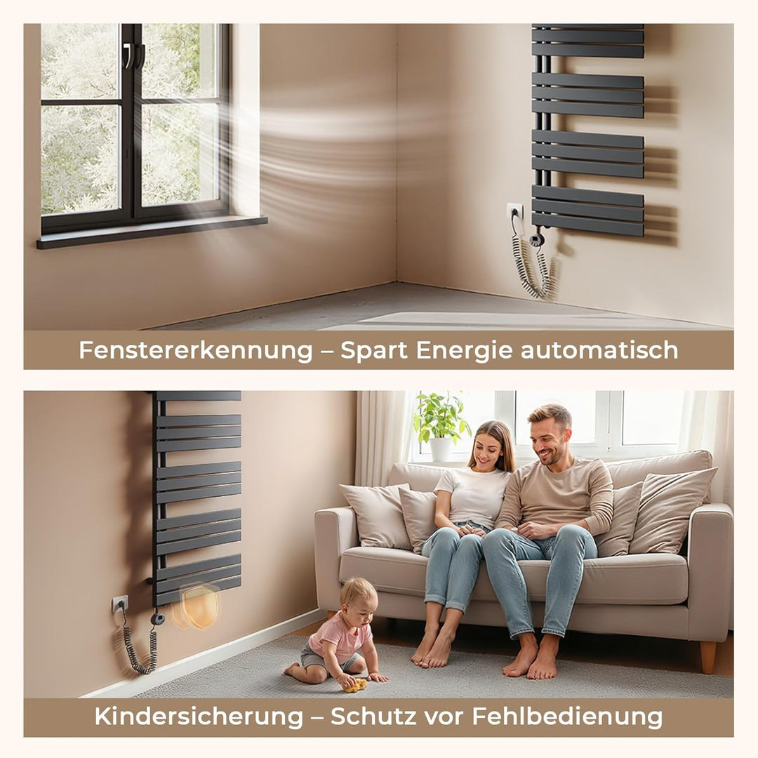 S'AFIELINA Badheizkörper Elektrisch 1599×500mm Anthrazit, 1000W Handtuchheizkörper Elektrisch mit Th