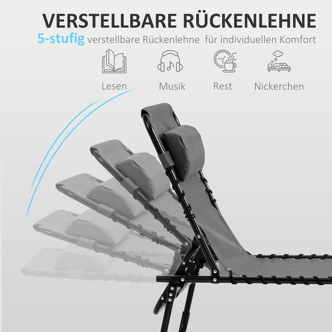 Outsunny Sonnenliege klappbar Liegestuhl mit Seitentasche, Kopfkissen, wetterfeste Campingliege bis