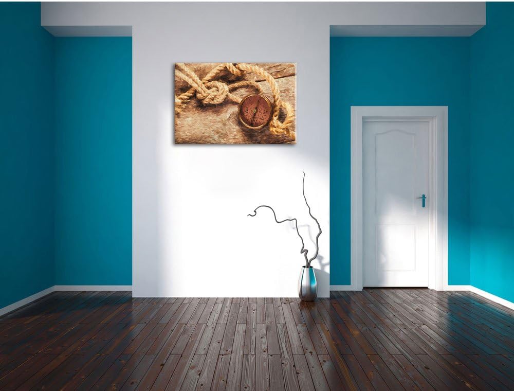 Pixxprint Schiffseil und Kompass auf Holzuntergrund Kunst Pinsel Effekt, Format: 100x70 auf Leinwand