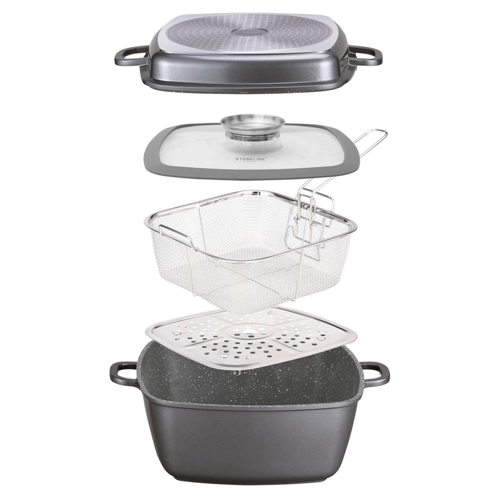 STONELINE® Multi-Eckpfanne, 28 x 28 cm, mit Dampf- und Frittierfunktion, induktionsgeeignet, Aluguss