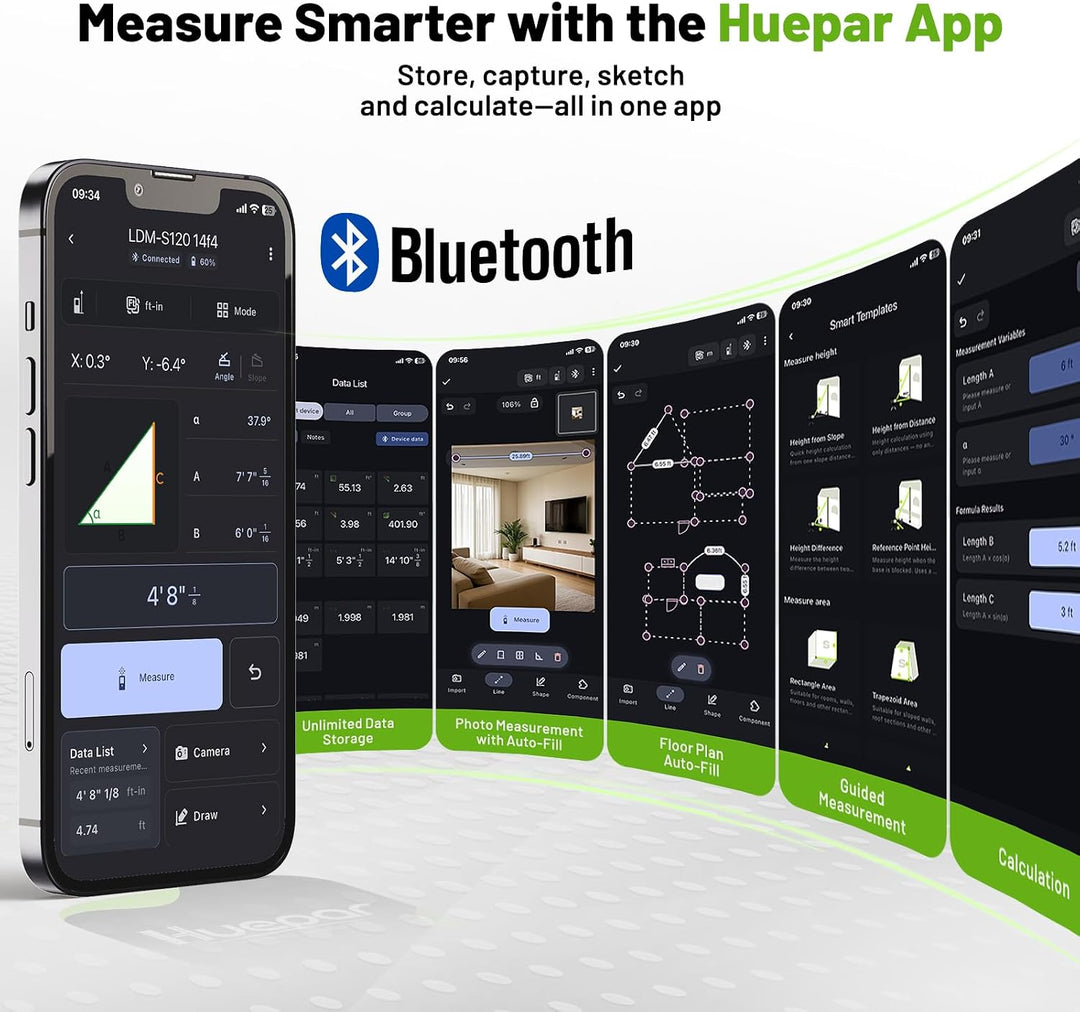 Huepar 200ft/60M Professionelles Bluetooth-Laser-Entfernungsmessgerät, App-Steuerung, grüner Laserst