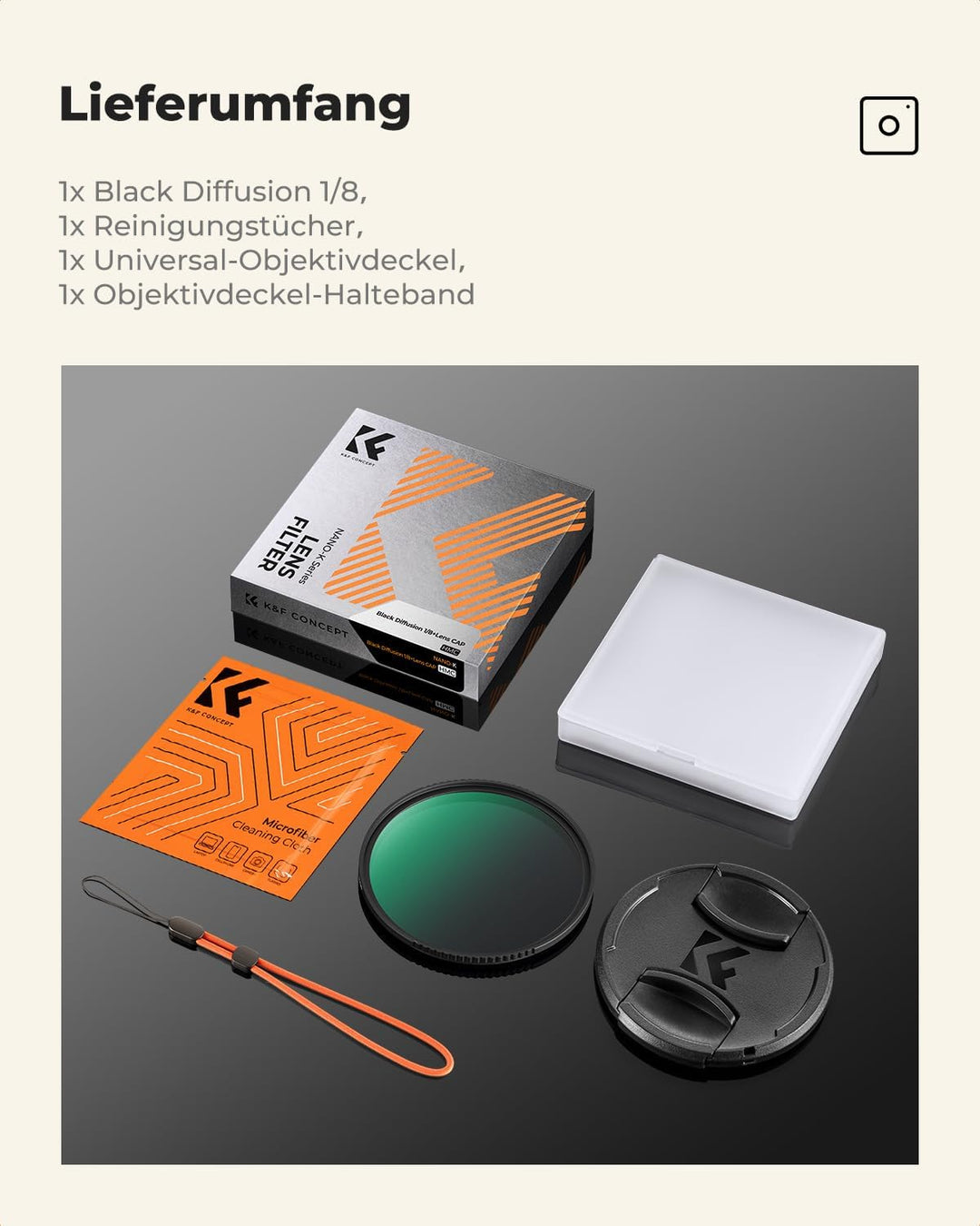 K&F CONCEPT Black Mist 1/8 Filter 52mm mit Objektivdeckel, Reinigungstuch, Schutzfilter mit Optische