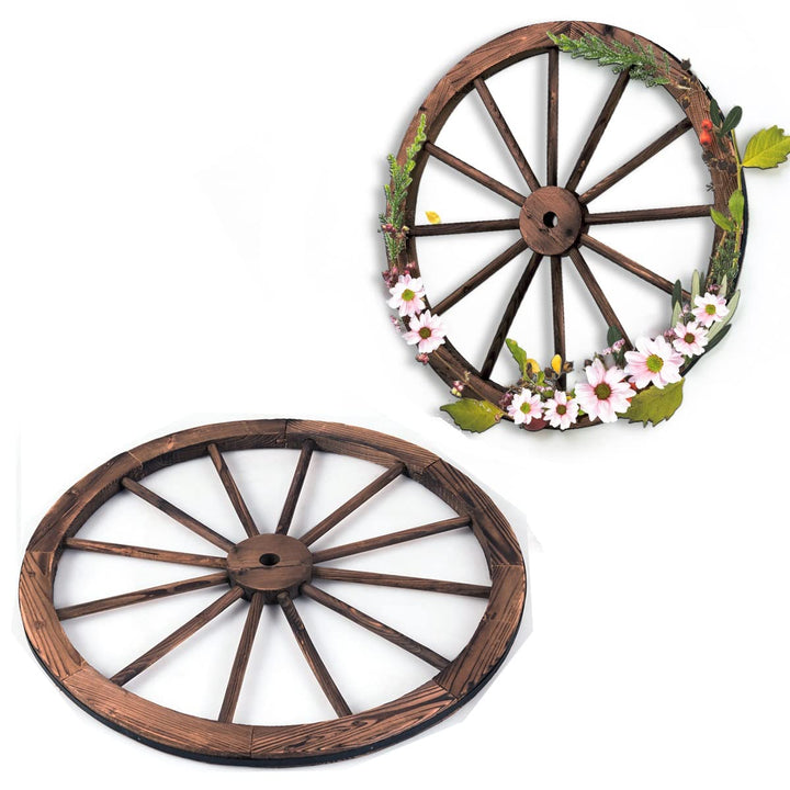GIANTEX Wagenrad Holzrad 2er Set, Dekorad Holz Wagen Deko Rad Braun, Dekoratives Wagen Rad mit Eisen