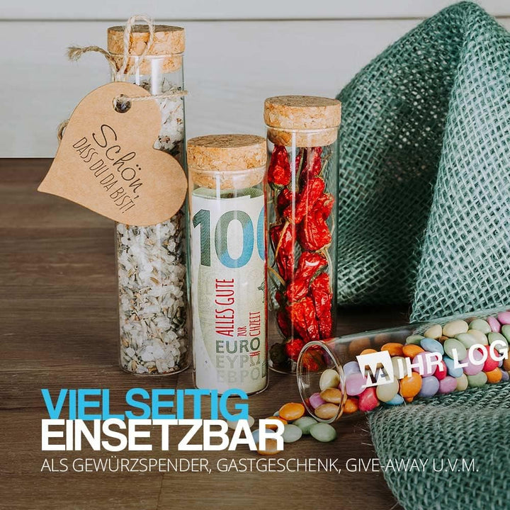 Tuuters 25 Stück Glas Gewürzgläser mit Korken Verschluss (120 x Ø30mm) | Kleine Glasfläschchen mit N