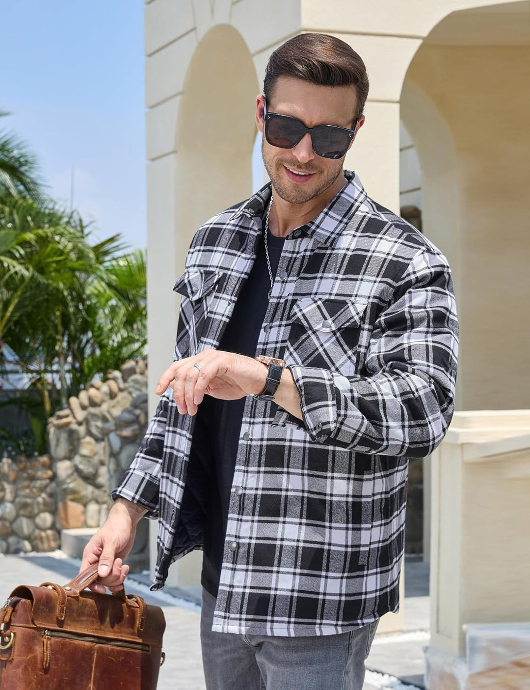 TACVASEN Herren Karierte Hemdjacke Flanellhemd Holzfällerhemd Thermohemd Jacke, S Schwarz