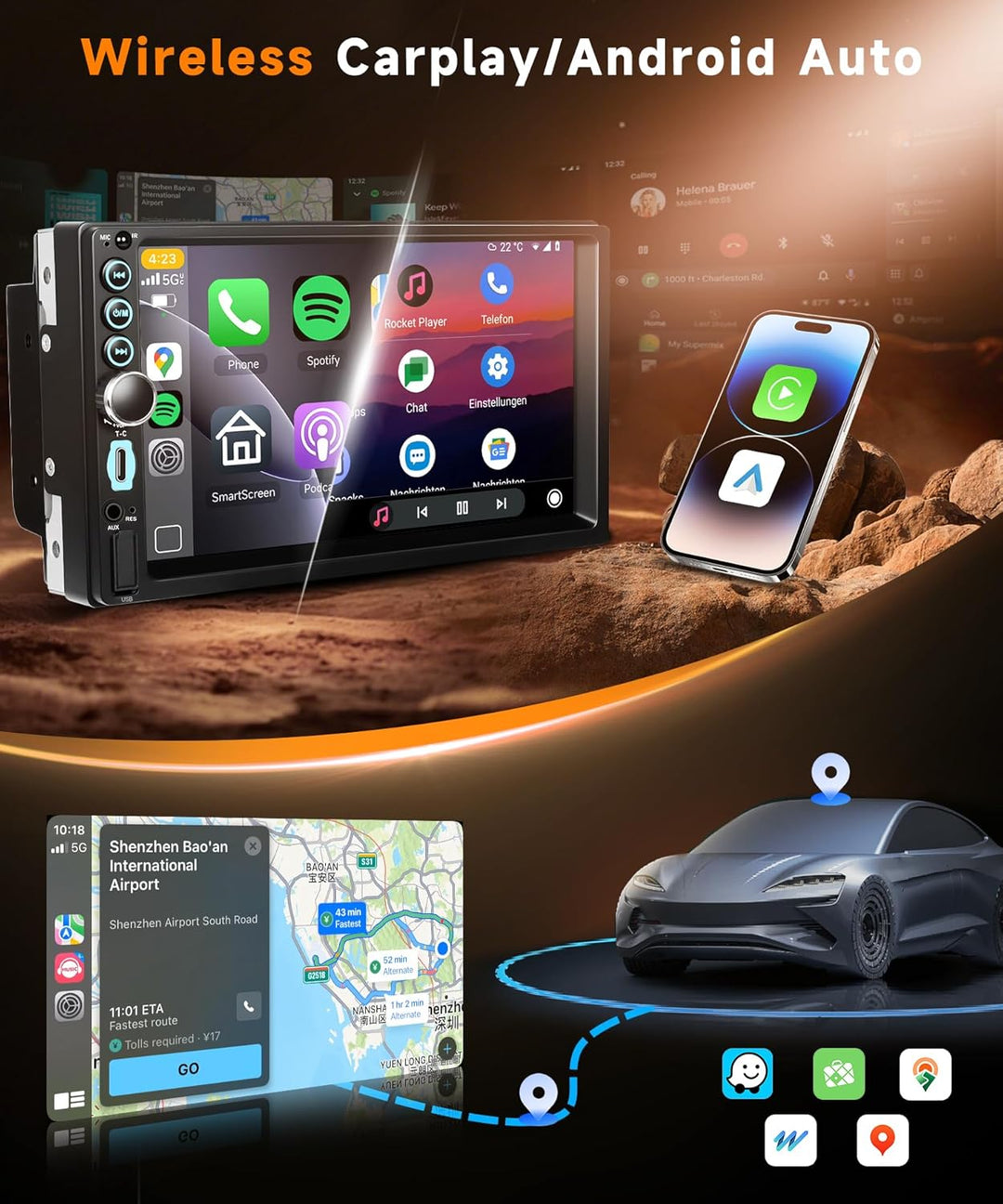 8 Kern 4G+64G Android 15 Autoradio 2 Din mit Drahtlos Carplay Android Auto, 7 Zoll Touchscreen Auto