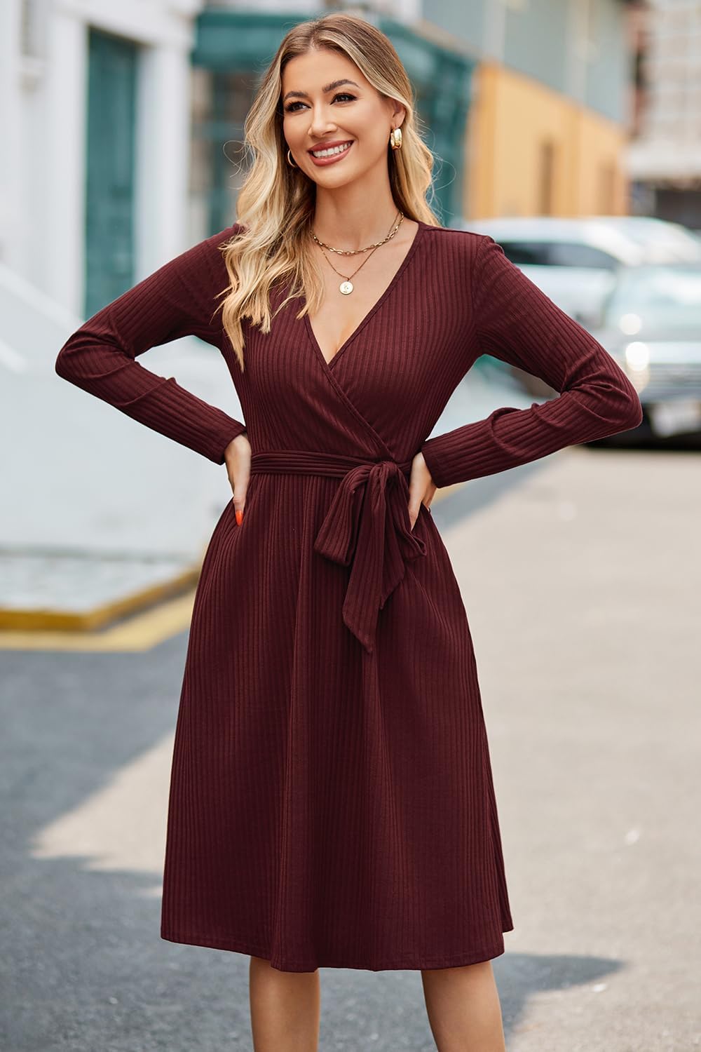 Newshows Strickkleid Damen Herbstkleid V Ausschnitt Pulloverkleid Winterkleid Kleid mit Taschen für